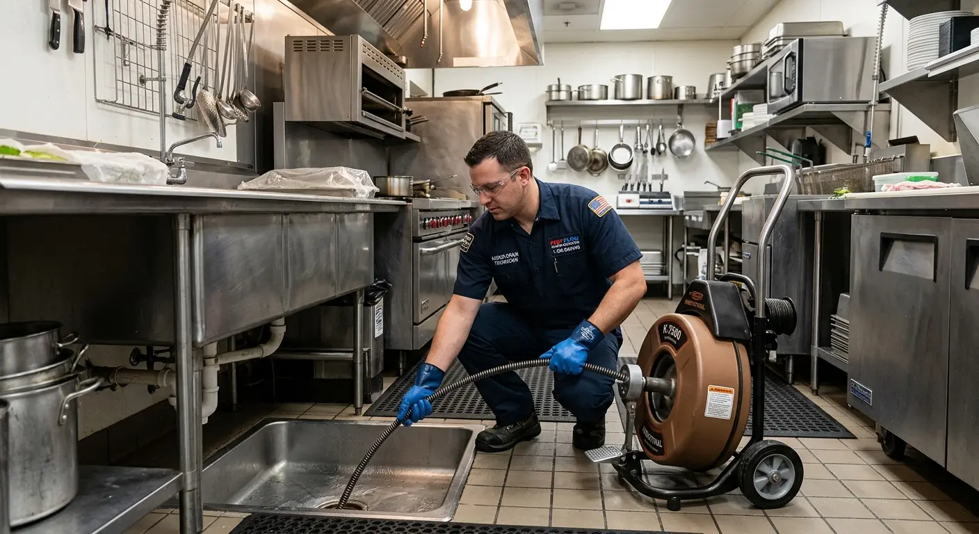 Commercial drain cleaning service in a restaurant kitchen in Cecil