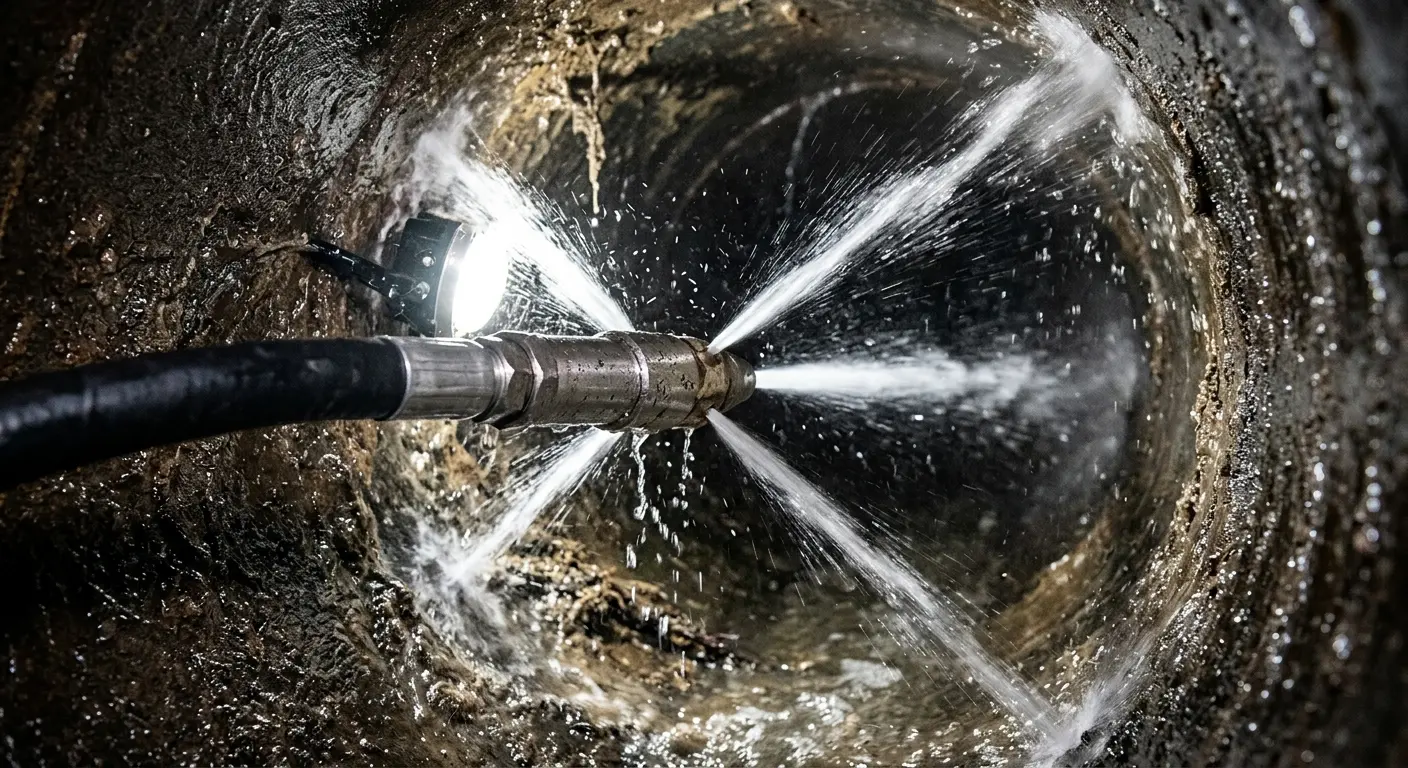 High-pressure hydro jetting nozzle cleaning sewer pipe for Emergency Drain Service in Cecil
