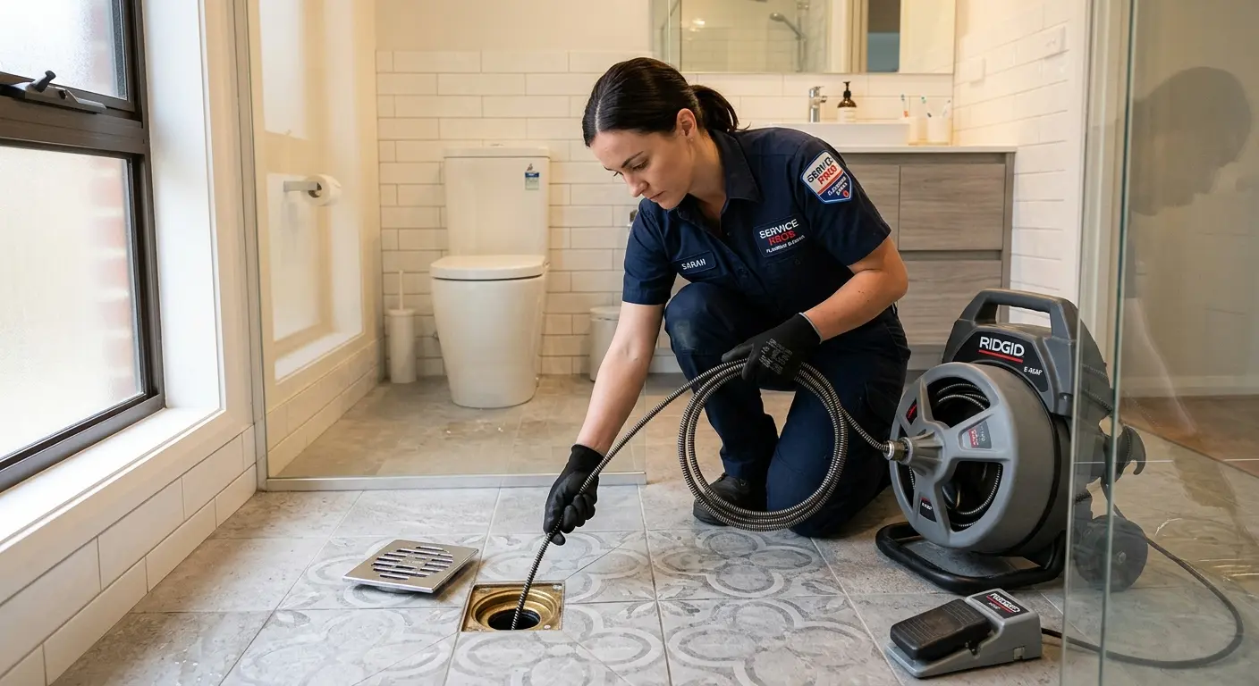 Technician clearing a bathroom floor drain for Clogged Drain Repair in Cecil